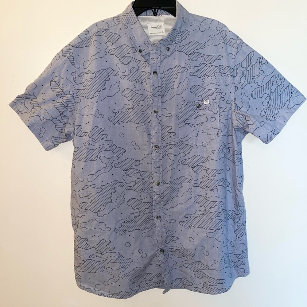 Sovereign Code Mens (Large) Geographic Light Blue Button Up Short Sleeve Shirt
